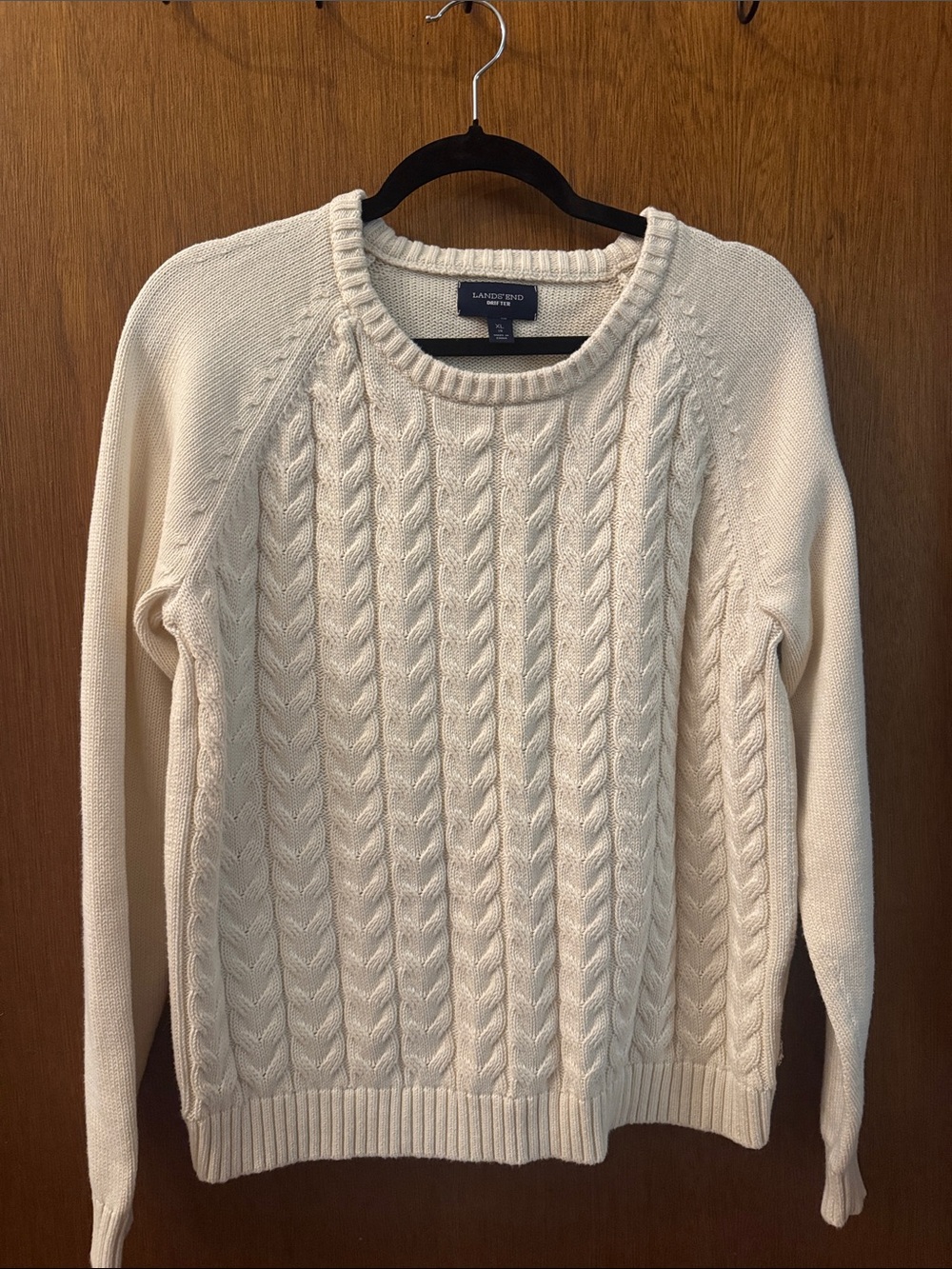 Lands' End Cream Cable Knit Crewneck Sweater 100% Cotton